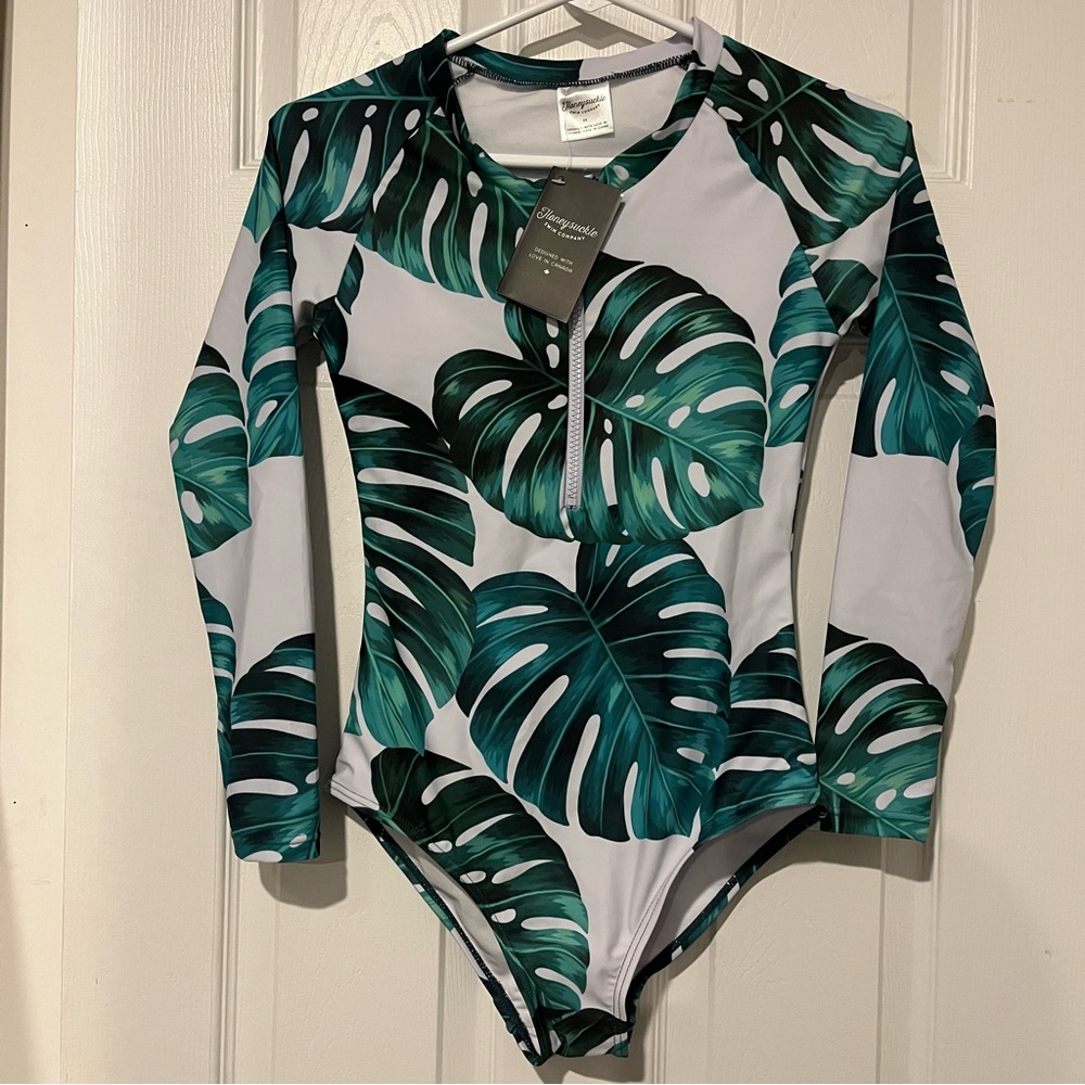 HoneySuckle Swim Women’s long sleeve Monstera pattern rash gaurd one piece suit